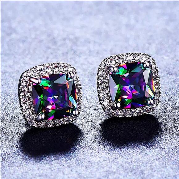 Mystic Fire Topaz Stud Earrings, Square, Princess Cut - Picture 4 of 10